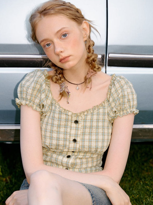 ショートデコルテチェックトップス