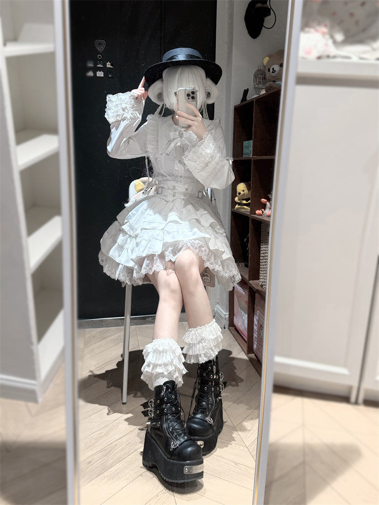【数量限定】ジュエルリボンベルスリーブシャツ+ブラックストライプティアードスカート+セットアップ