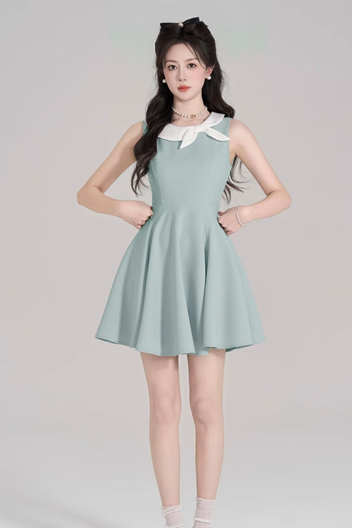 フレンチリボンカラードールノースリーブワンピース