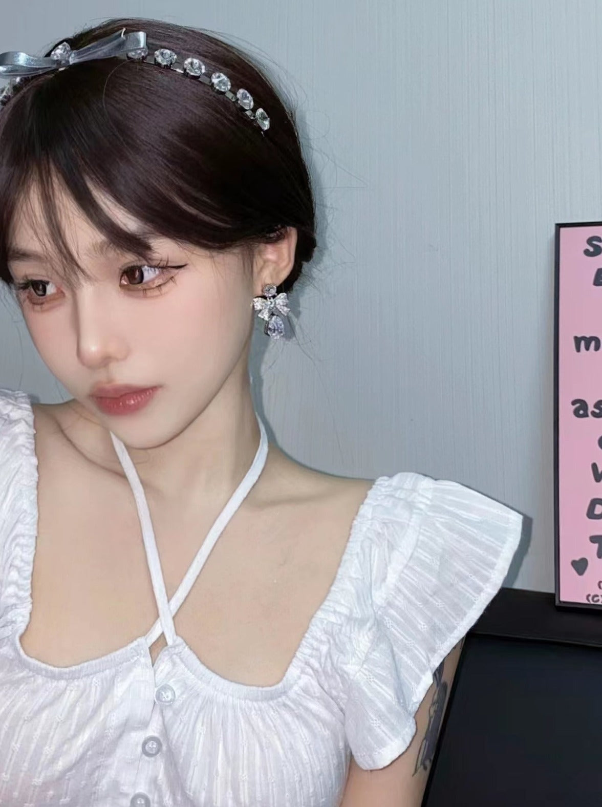 Sweet Girl Zircon Silver Ribbon Earrings