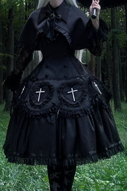 【12月12日予約締切】Night Crossダークエレガントゴシックロリータジュエルリボンケープ+ロングドレスセット