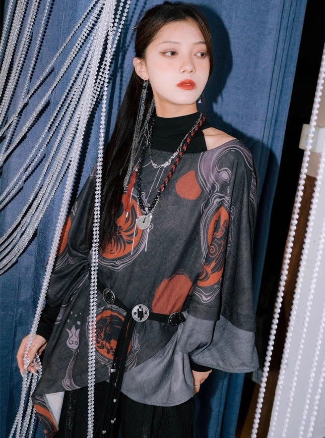 Golden Crow China Print Irregular Loose Cape Coat