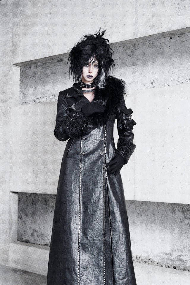 Shadow Crack Leather Gothic Long Wool Coat