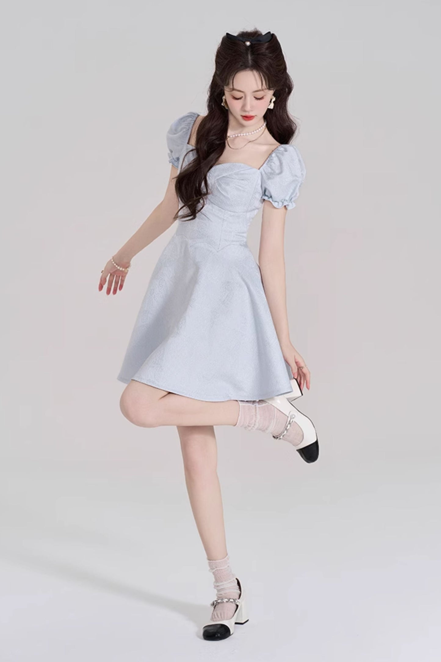Blue Sweet French Puff Sleeve Dress