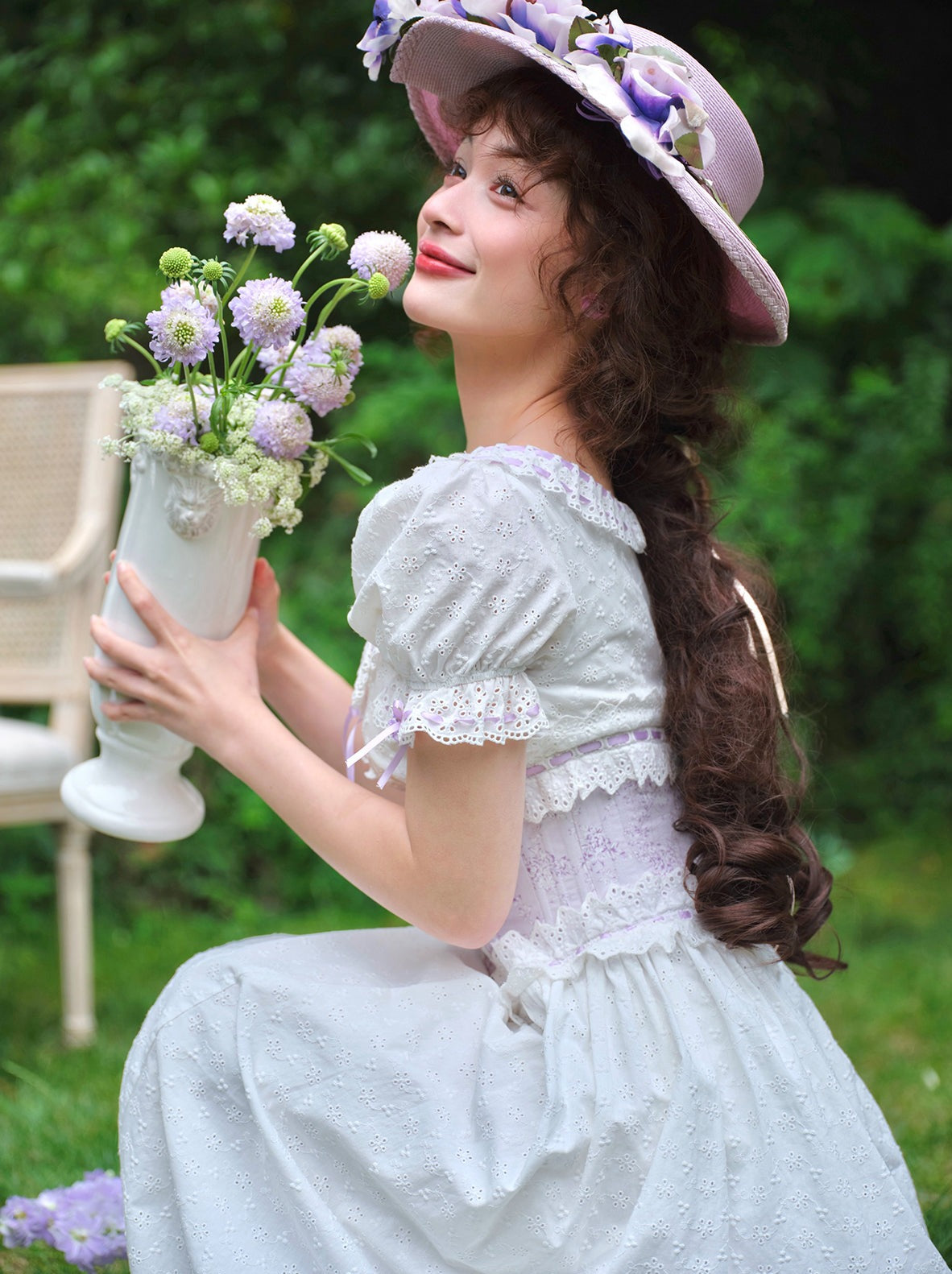 パフスリーブパープルフラワーワンピース