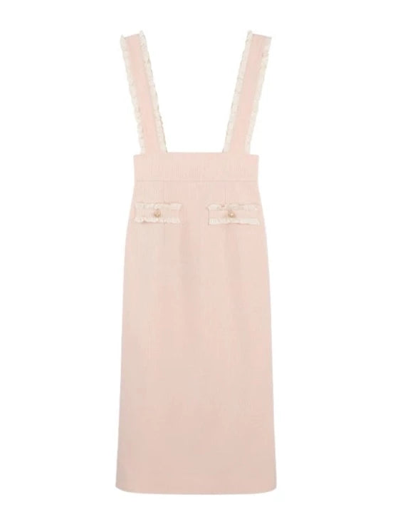 프릴 트위드 재킷 + 트위드 서스펜더 스커트 + 프렌치 블라우스