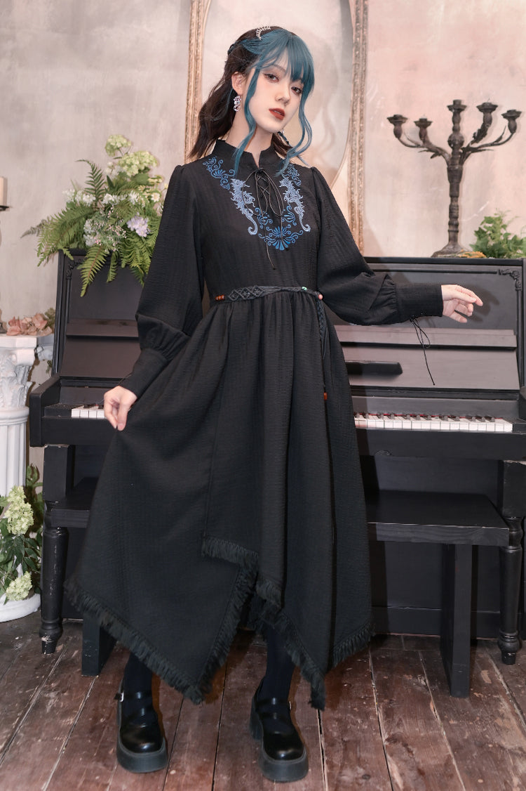 レトロバブルスリーブ刺繍ドレス