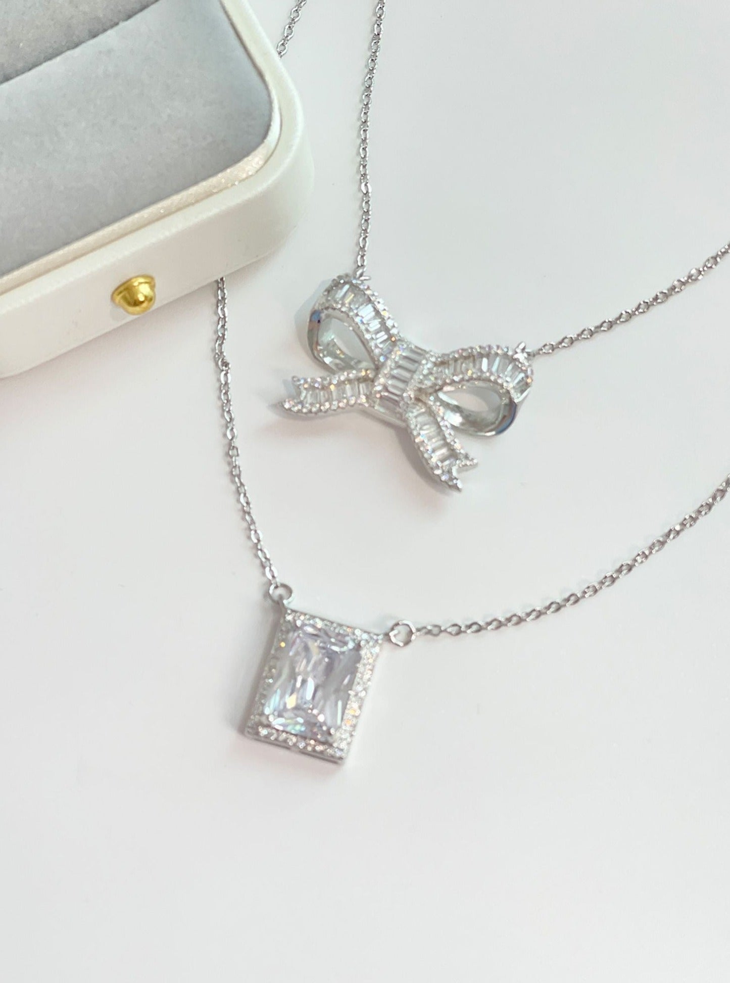 Square diamond necklace + ribbon necklace
