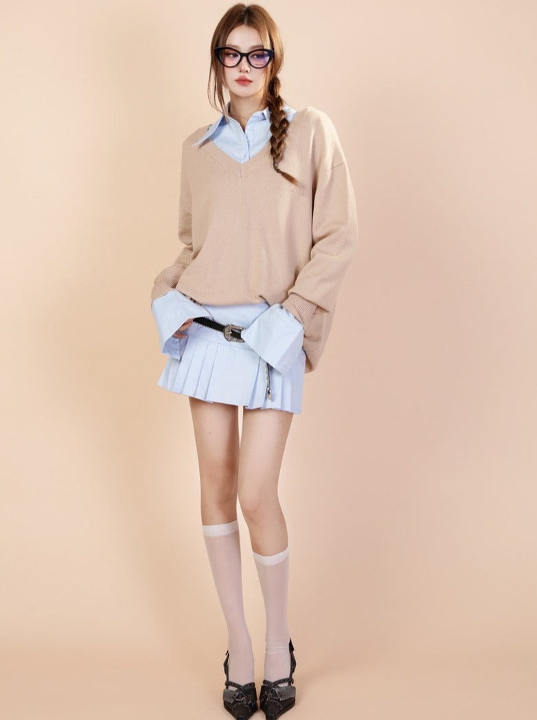 레트로 컬리지 스타일 셔츠 + 플리츠 스커트 + 스웨터