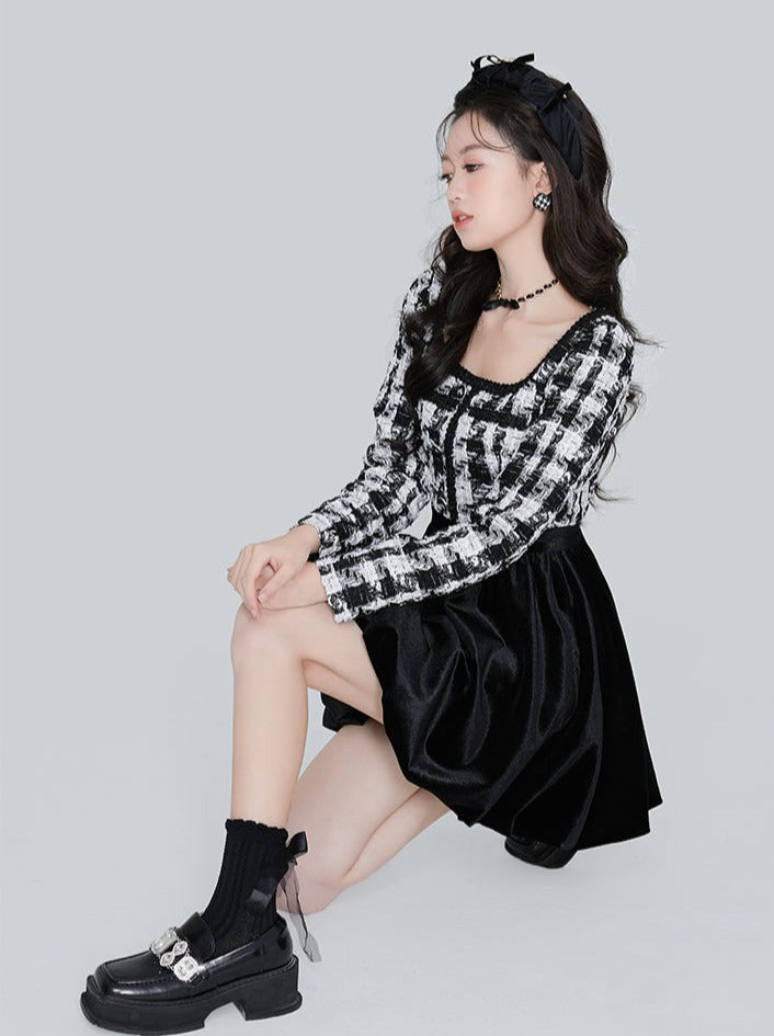 小香风方领针织连衣裙女装加厚假两件秋冬新款设计感A字天鹅绒花苞裙