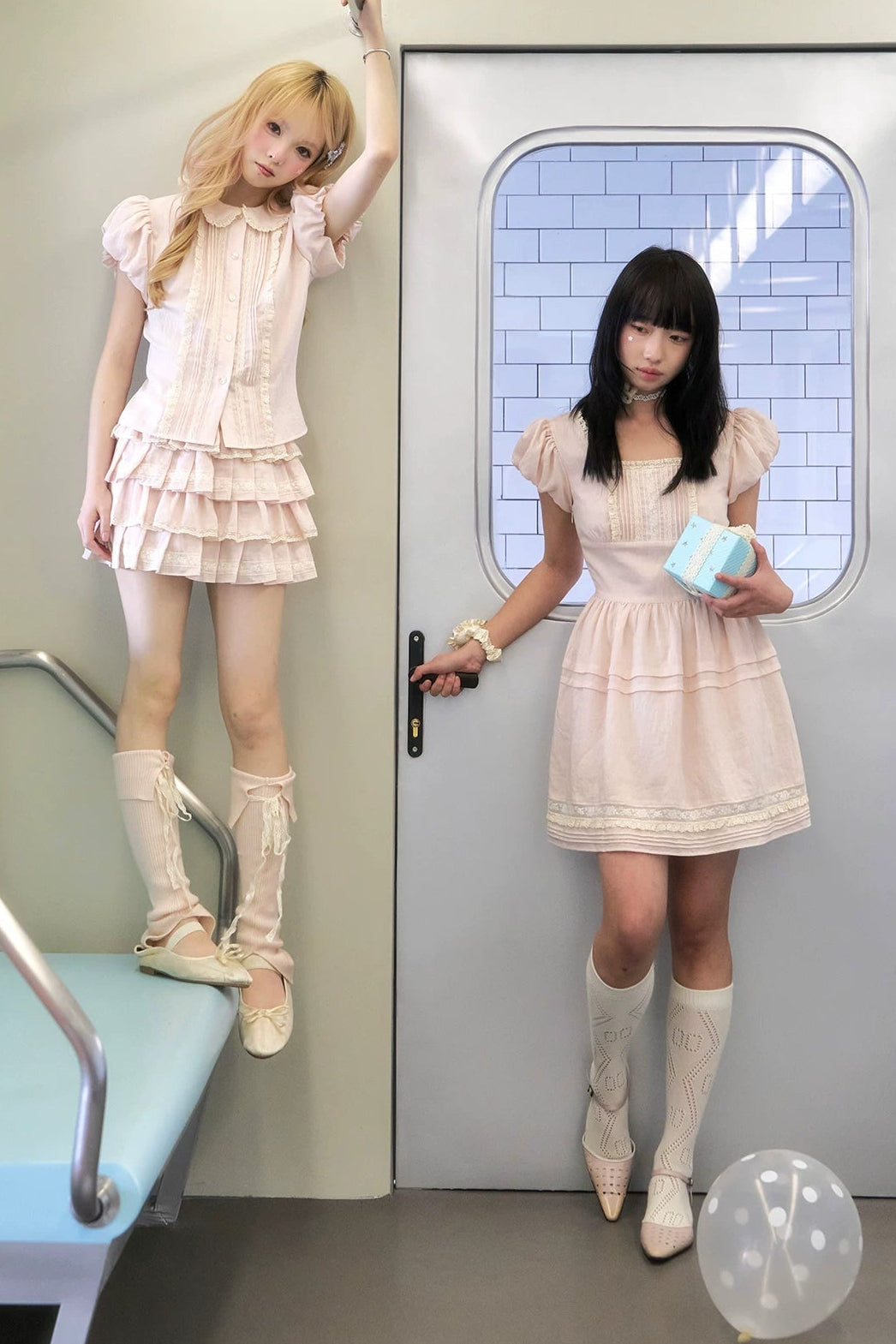 ピンクレーヨンレースパフドレス