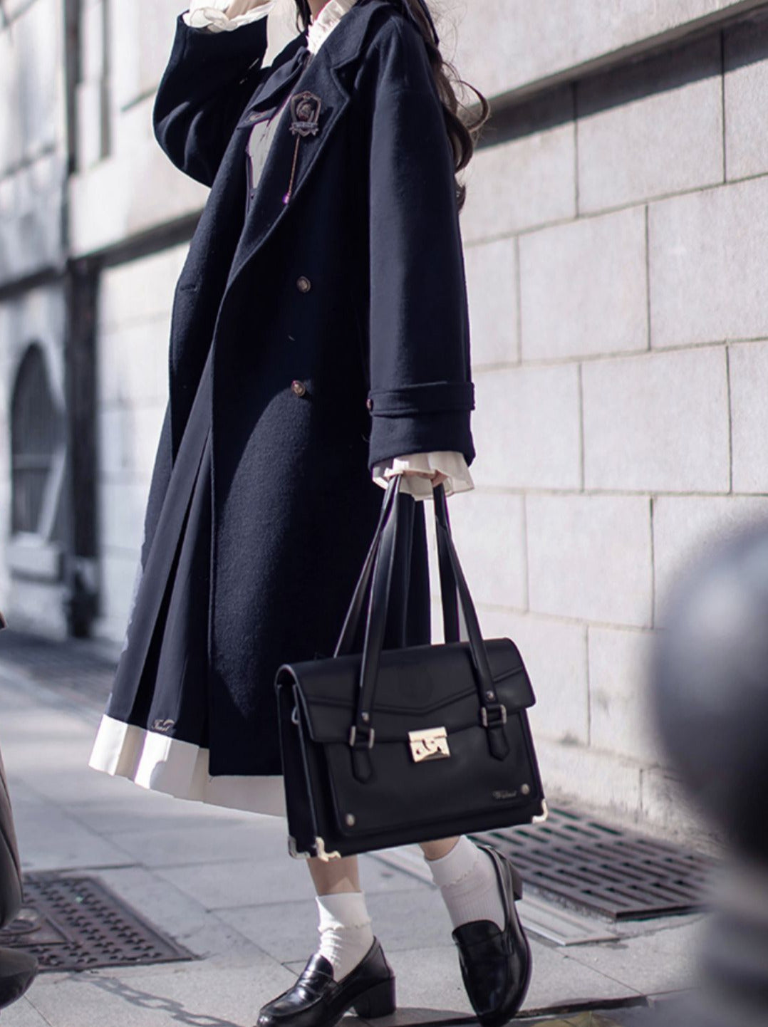 カレッジブルーウールコクーンエレガントダブルブレストコート