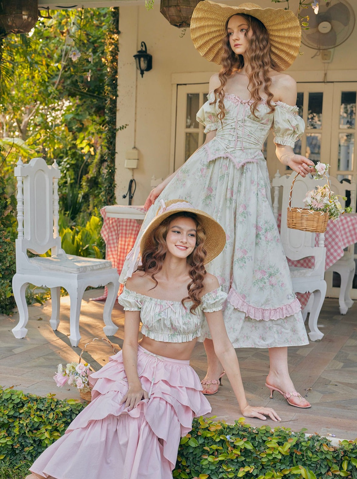 レトロフラワーフェイクツーピースフィッシュボーンドレス