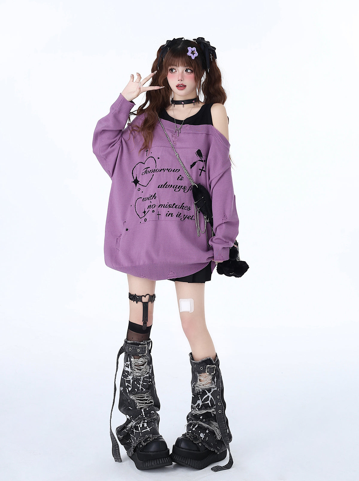 ガーリーレイジーフェイクツーピースオフショルダースイートクールトップス