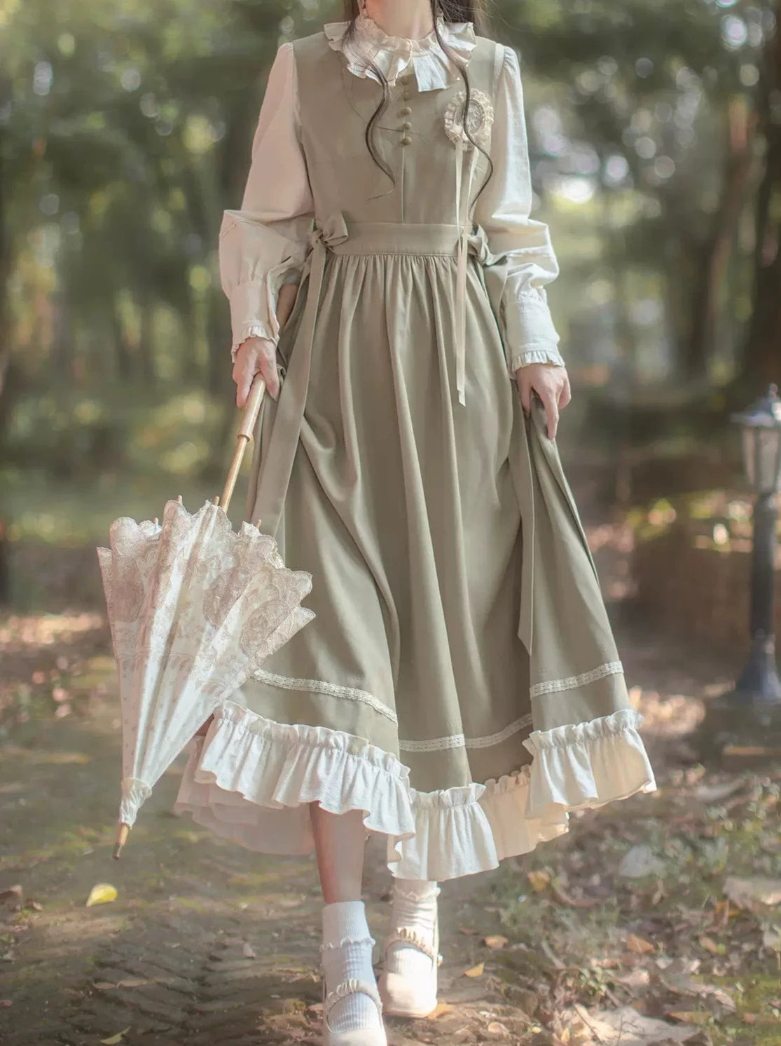 retro ruffle dress French Retro Ruffle Blouse + Long Green Vest Dress – Belchic