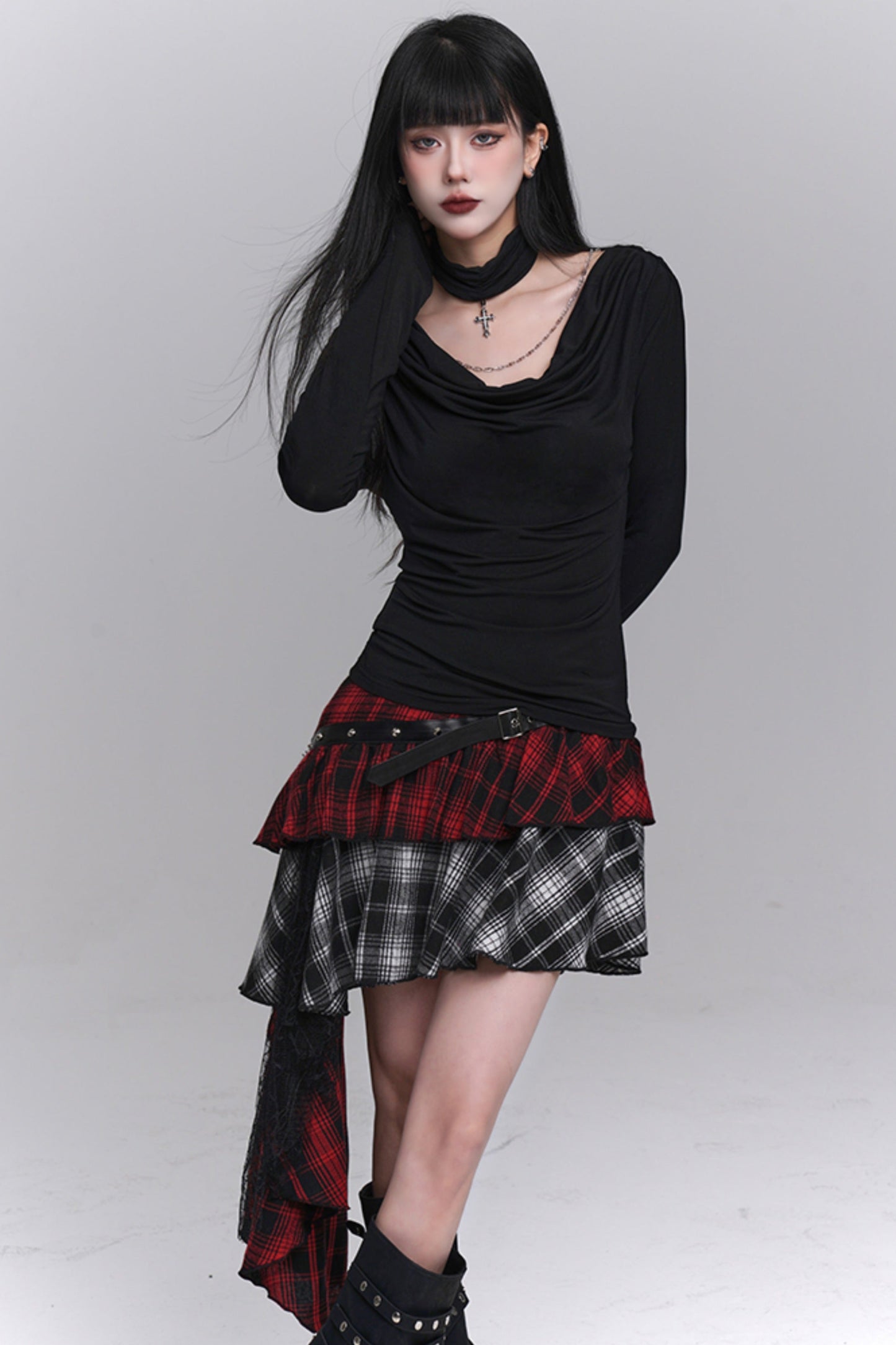 Asia Asymmetrical Check Skirt