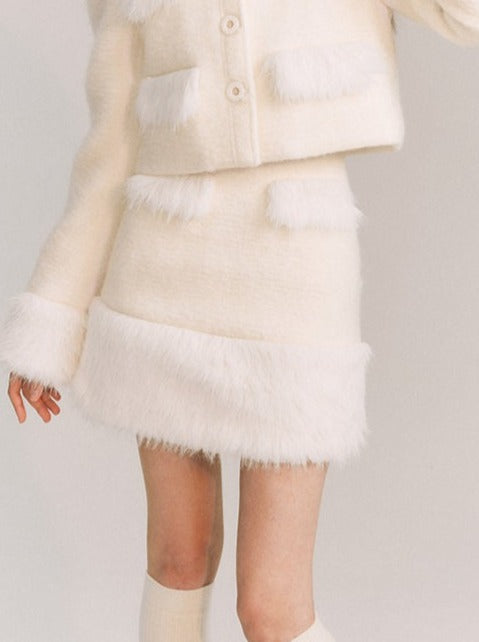 Faux Fur Short Coat + Voluminous Faux Fur Fitted Skirt