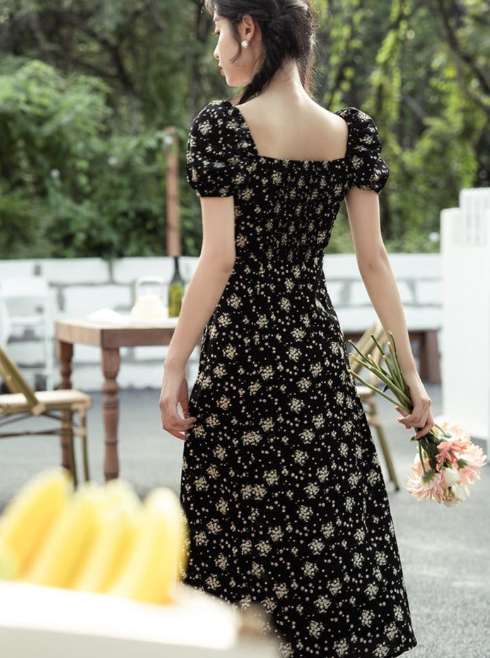 French Square Collar Chic Dark Dress