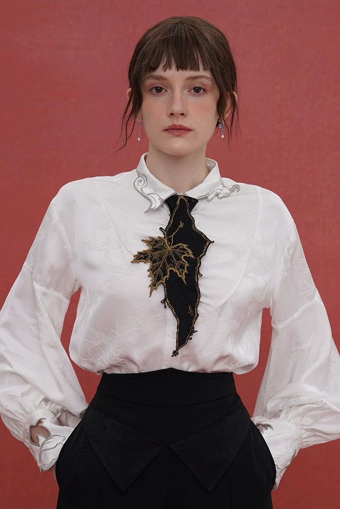 Kamo Original Retro Chinese Style Embroidered Shirt Tie Women's Decoration Casual Super Beautiful Autumn Maple Leaf Niche