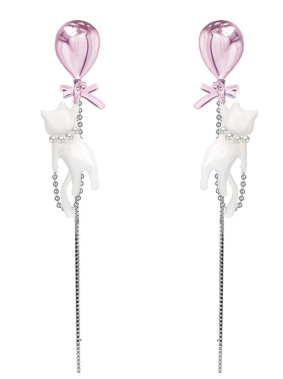 Balloon cat pearl silver earrings