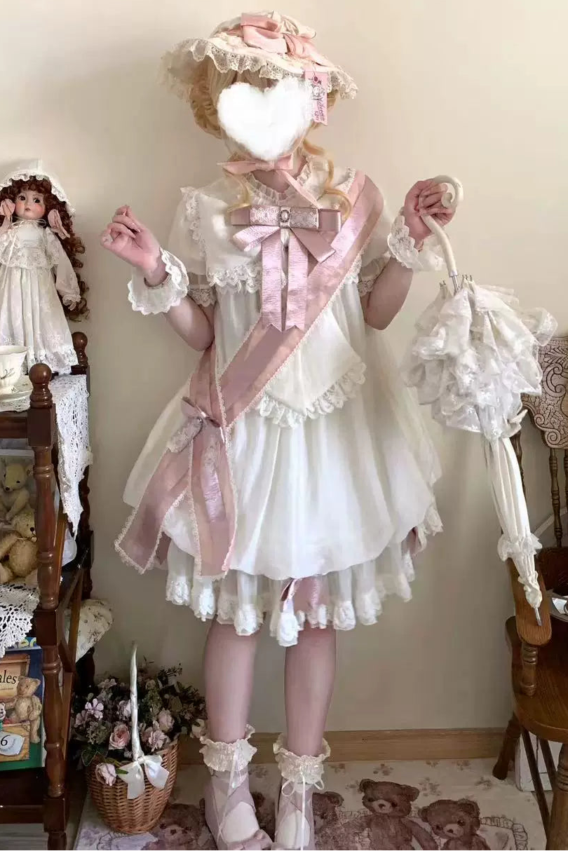 【9月19日予約締切】Pink x Beige / Dark Blue x Beige Doll Style Sweet Lolita Bow Lace Puff Sleeve Dress + Dress Set + Full Set