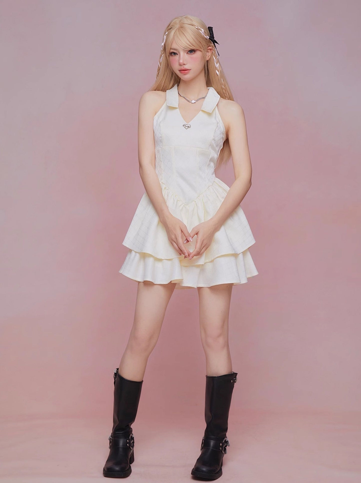 Pure White Polo Jacquard Waist Slim Sleeveless Dress