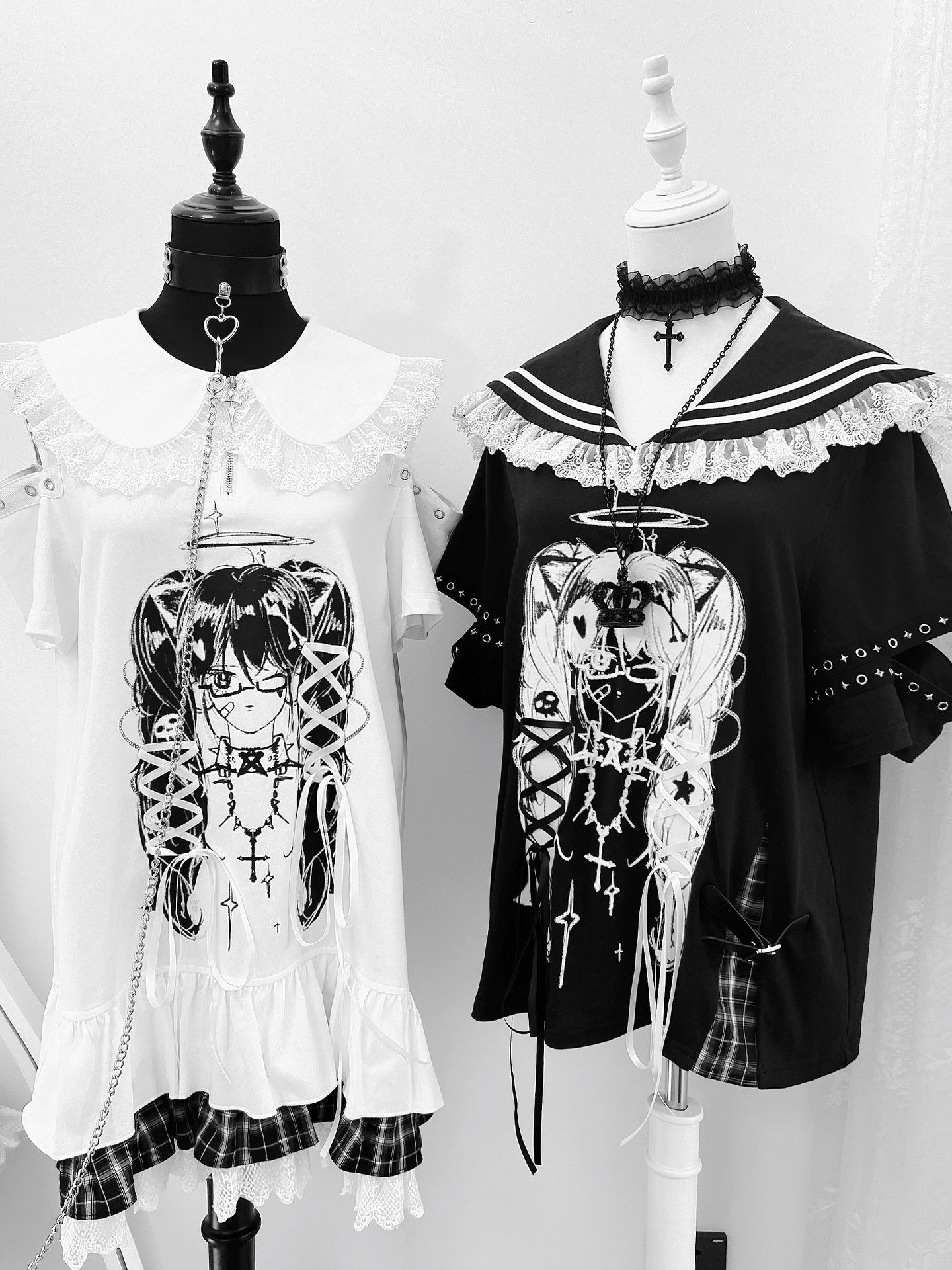 Lala-chan to the dark original design subculture print navy collar strappy top girl sweet cool outfit