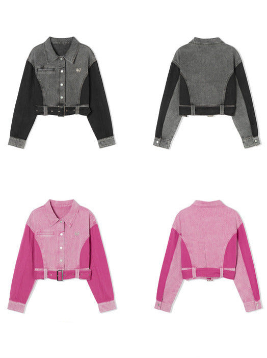 Color Block Design Belt Short Denim Jacket