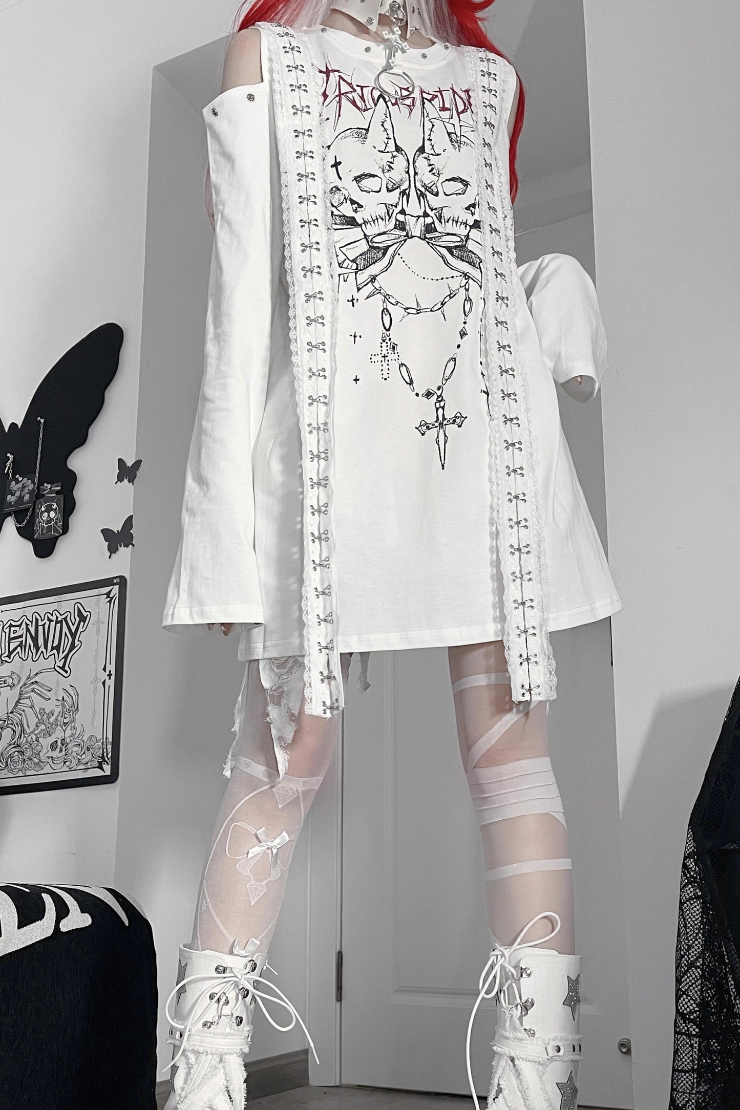 ダブルスカルサブカルチャーダークルーズオフショルダートップス