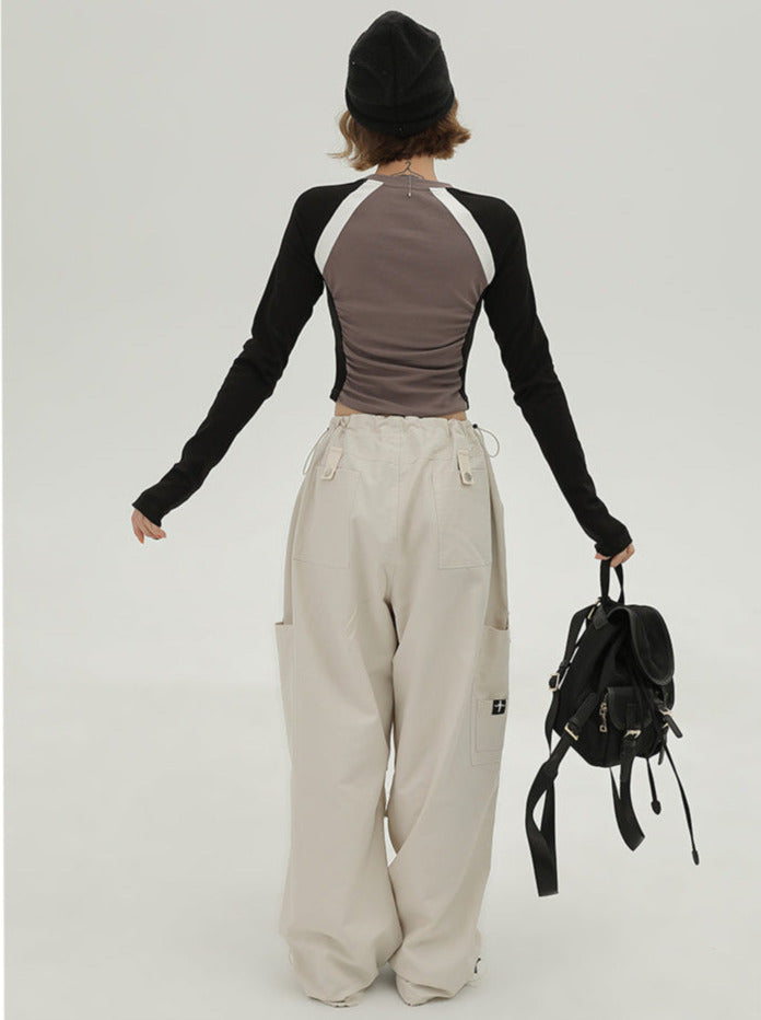 アメリカンホットガールコントラストカラーショートスリムロンT