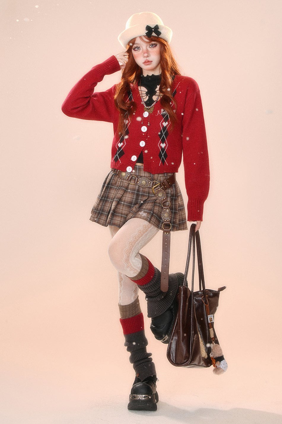 プラムレッドVネックニットカーディガン