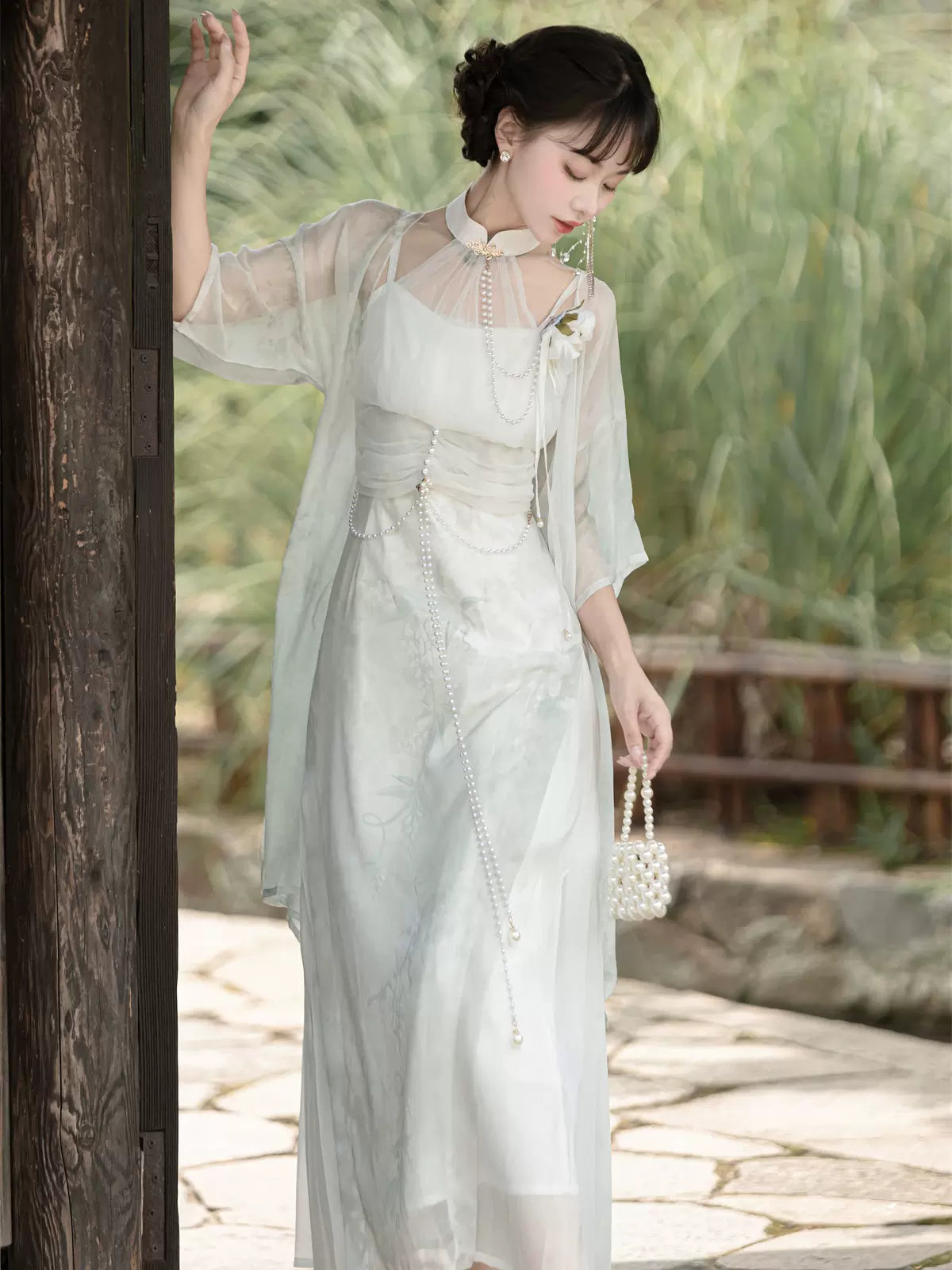 Chinese-Style Halter Neck Suspender Dress + Sheer Jacket Belchic Chinese-Style Halter Neck Suspender Dress + Sheer Jacket Belchic