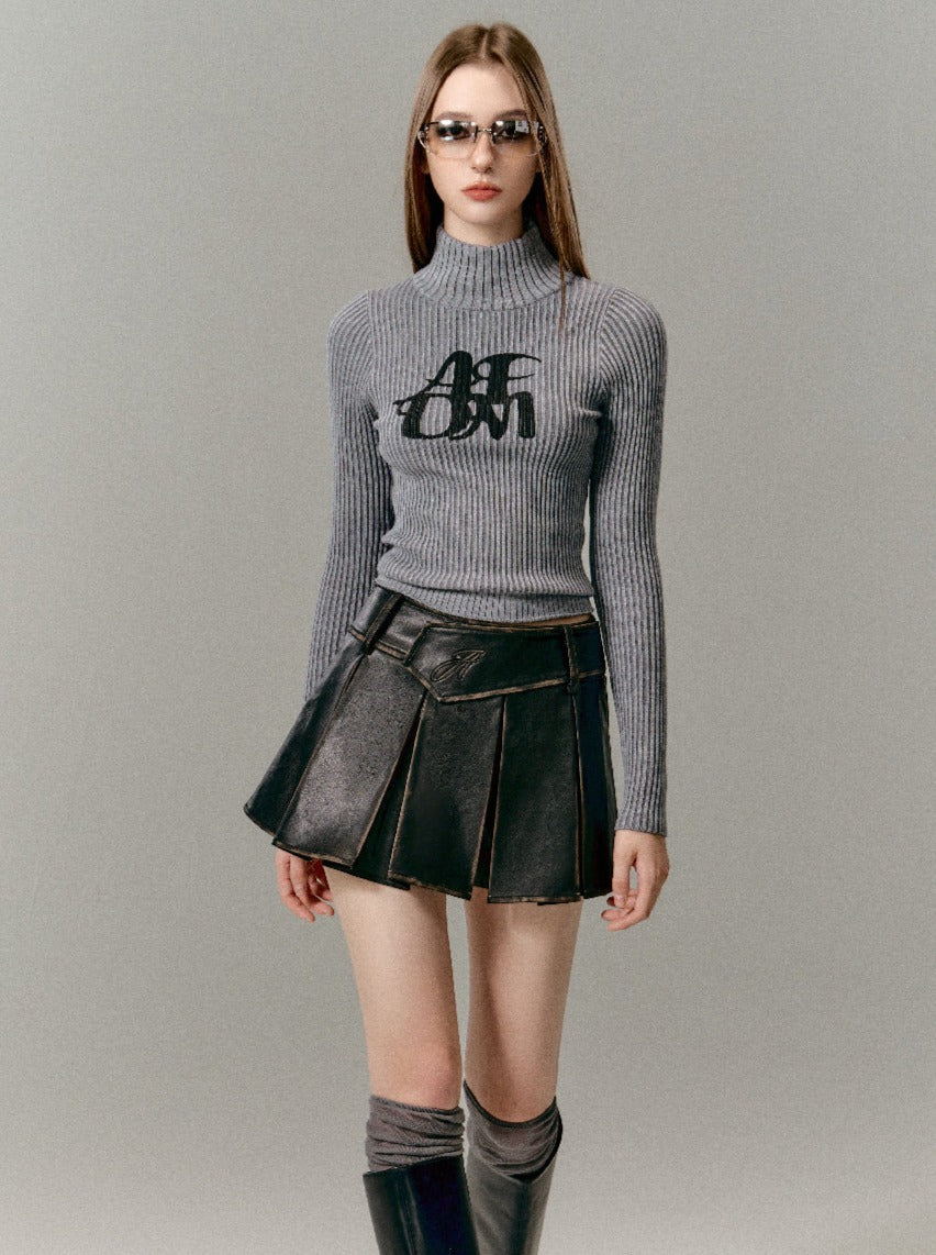 レトロダメージレザーフェイクワイドベルトプリーツスカート