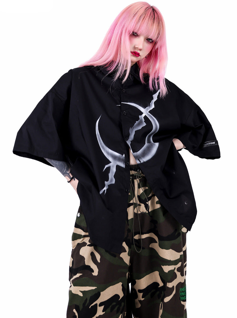 Dunkles, cooles, elektrisches Moon Drop Shoulder Back Long Shirt