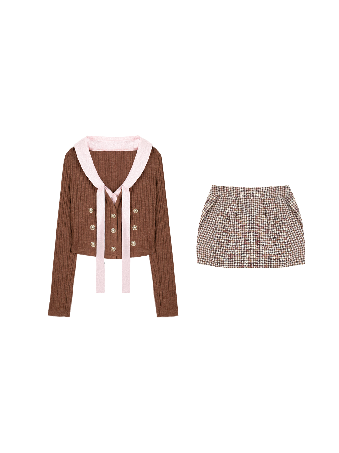 Cream Caramel Plaid Winter Coat + Top + Skirt