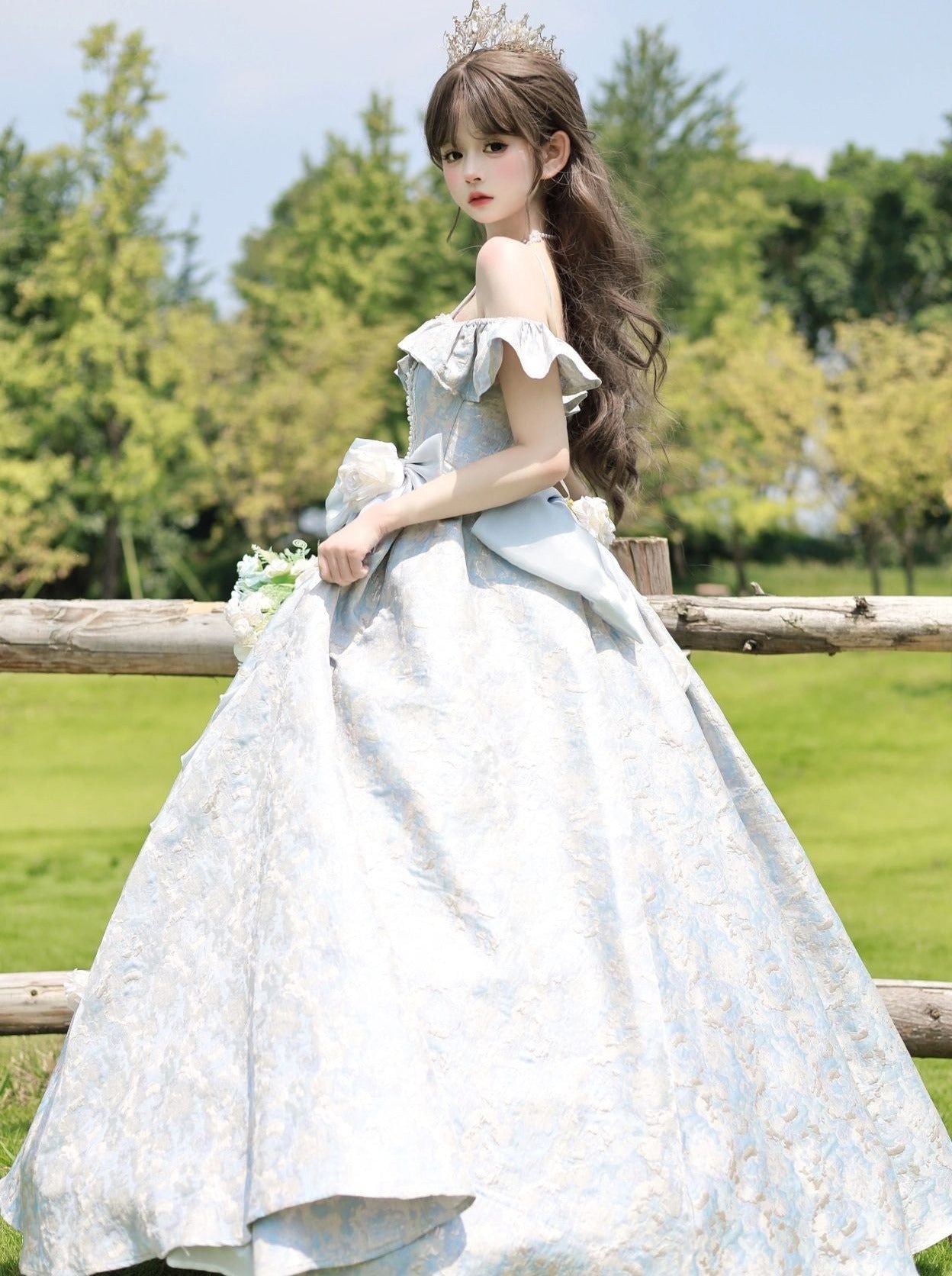 Blue Lolita Flower Wedding Floor Length Dress