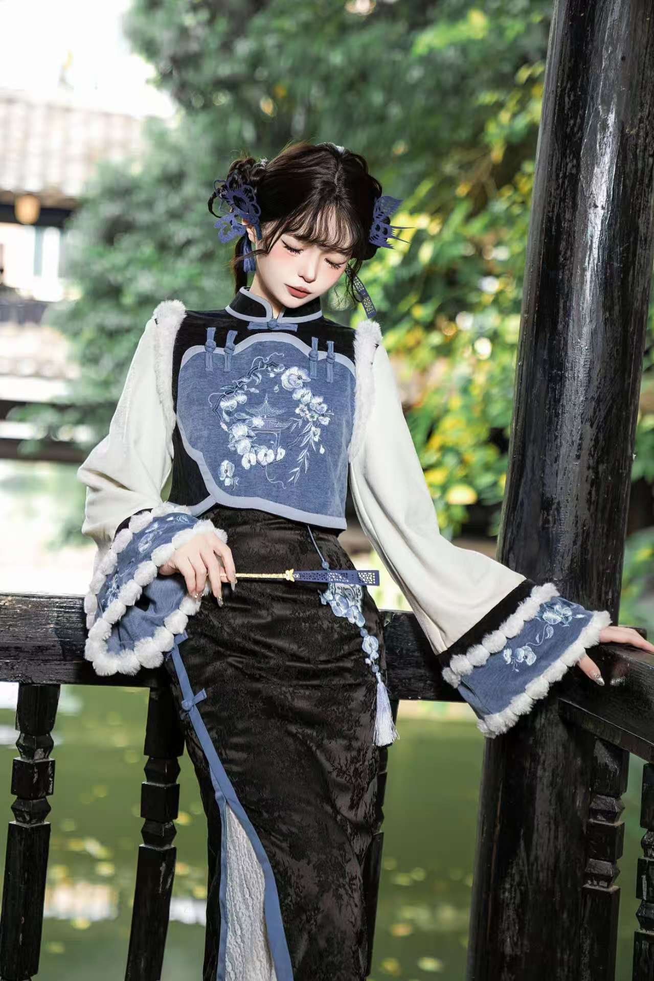 【予約商品】ブルーブラックエレガントベルスリーブチャイナドレス+ベスト