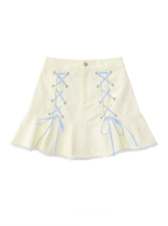 Short denim skirt with strap design