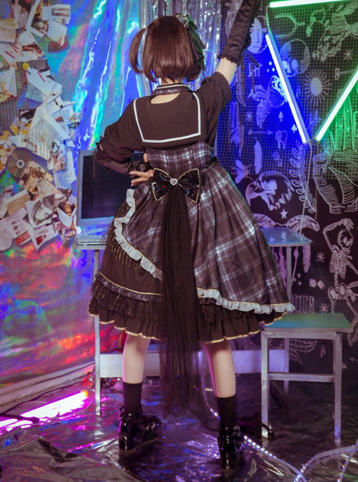 アシメチェックネックストラップワンピース