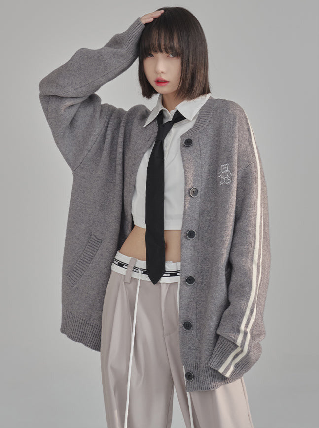 Contrast Color Asymmetrical Line Sleeve Knit Cardigan
