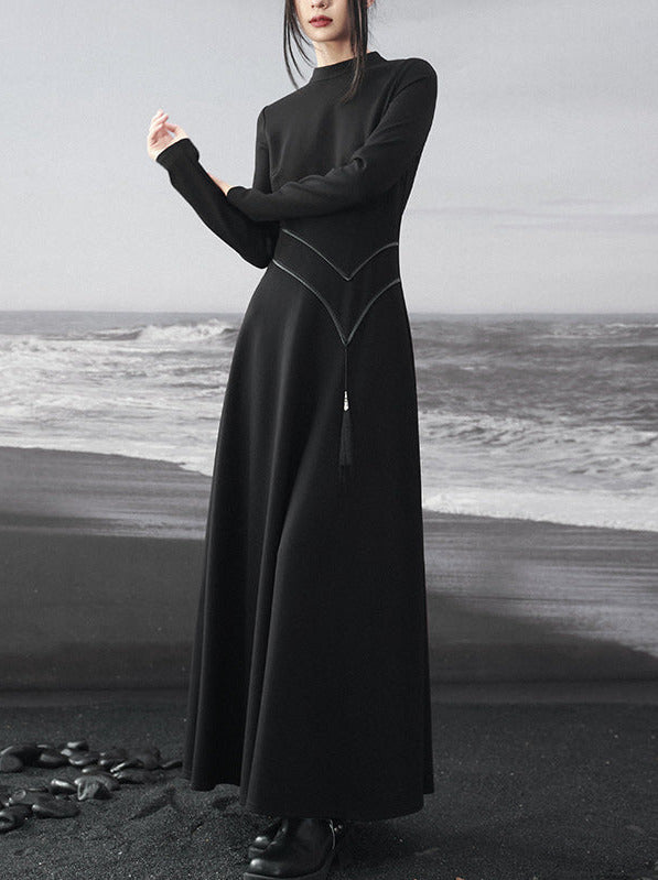 大庆龙溪新中式针织皮衣女装秋装复古流苏不对称收腰A字裙