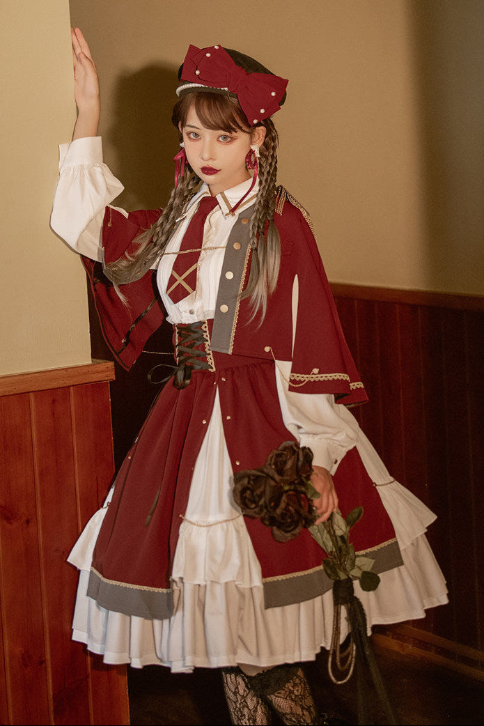 Military Style Cape Jacket + Ruffled Blouse with Tie + Waist Marked Split Layered Skirt