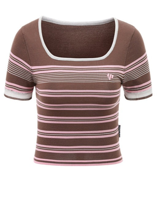 スクエアカラーカラーボーダーショートトップス