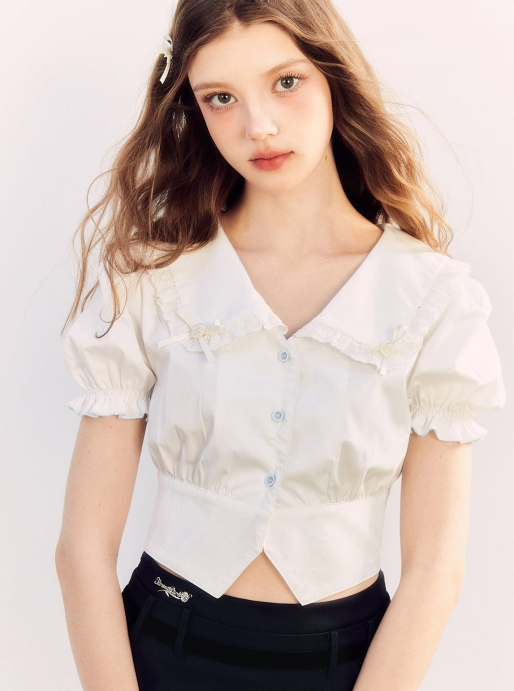 White Puff Sleeve Lapel Waist Girl Short Shirt