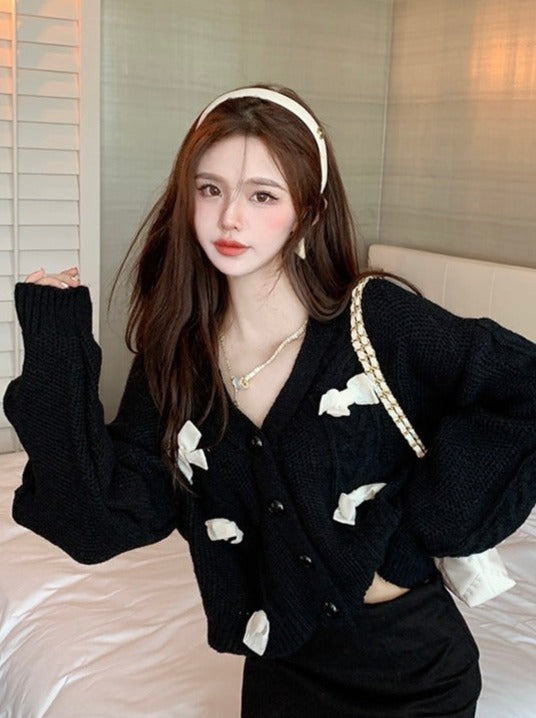 リボンパールケーブルニットカーディガン