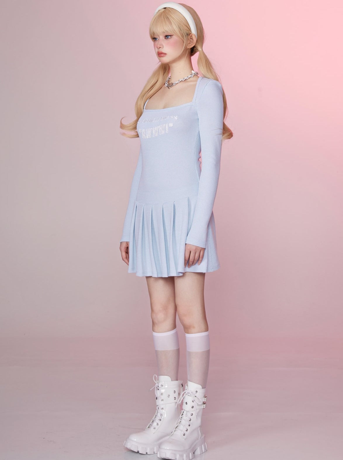 アメリカンスイートハートベイビーブルーニットレトロスクエアカラーワンピース