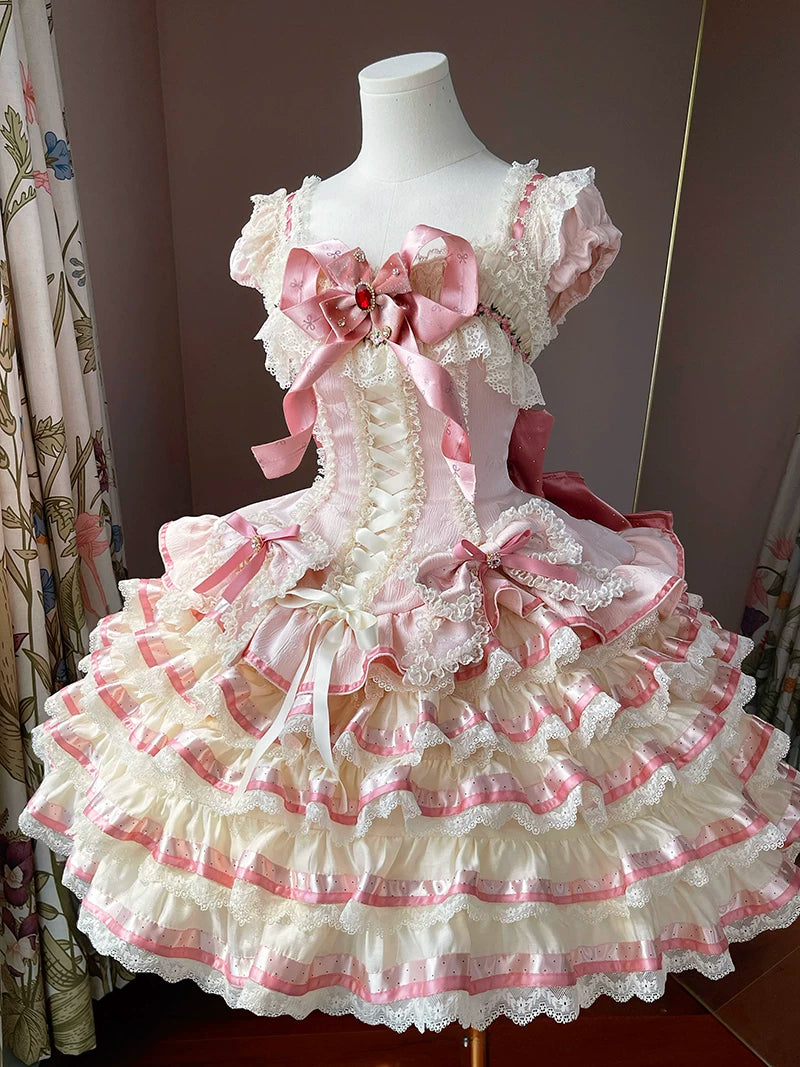 【4월 30일 예약 마감】스윗 핑크 롤리타 레이스 리본 티어드 프릴 프린세스 드레스