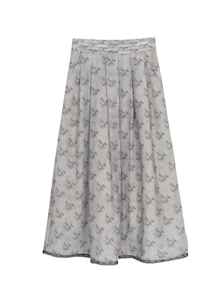 Chinese-Style Dark Butterfly Pleated-Collar Drawstring Top & Skirt Set