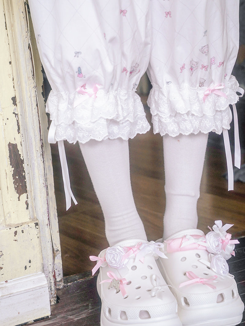 Milky Hearts Cute Print Ribbon Home Middle Loungewear