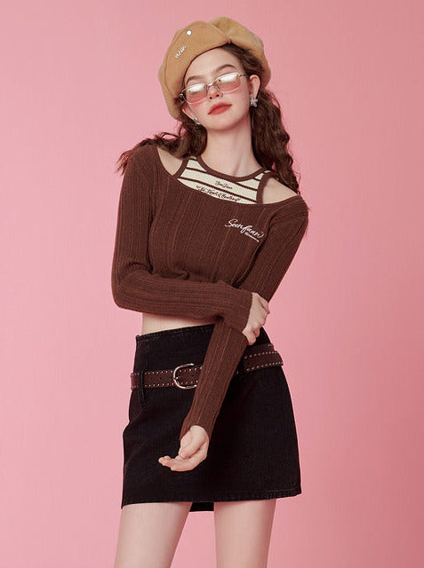 Striped tank-style faux two-piece short knit